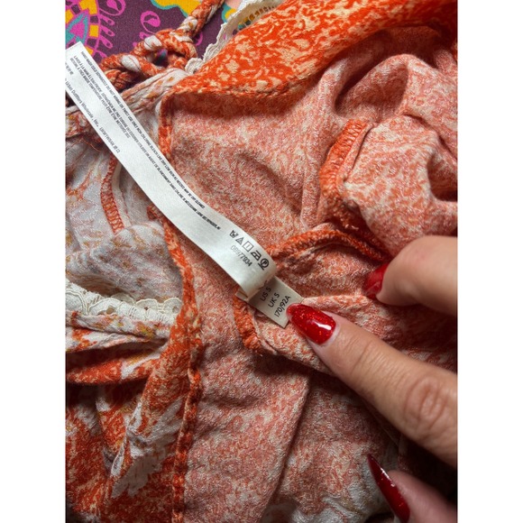 Free People Morning Sun Floral Lace Trim V Neck Mini Slip Dress Coral White Sz S - Picture 8 of 8